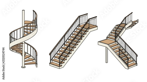 Set of three isometric wooden stairs with black metal railings.