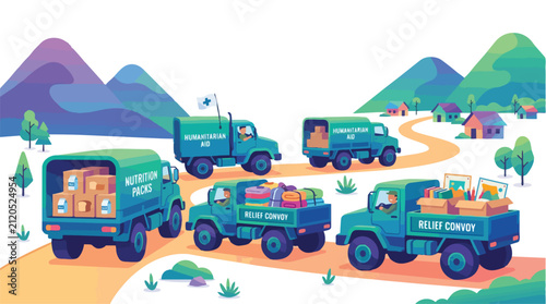 A group of green delivery trucks transporting packages and goods along a winding road.