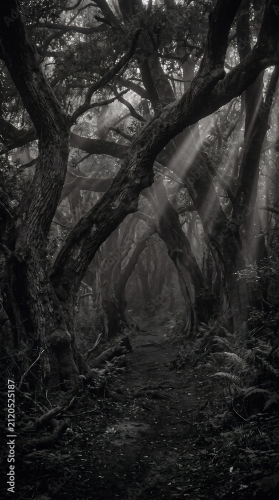 Obraz premium Misty forest path with sun rays. Dark woodland landscape with ethereal light beams.