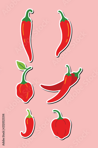 Chili Pepper Sticker Set Flat Vector Collection Isolated