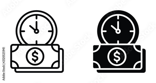 Time is money icon set featuring clock and dollar bill symbols for financial management business productivity and hourly rate concepts