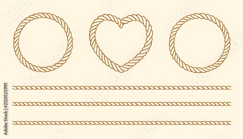 Nautical rope frame elements in circle, heart, and straight border shapes on a beige background.