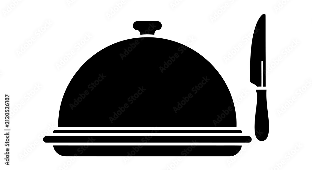 Fototapeta premium A minimalist black and white icon depicting a silver food serving dome cloche platter with a sharp table knife beside