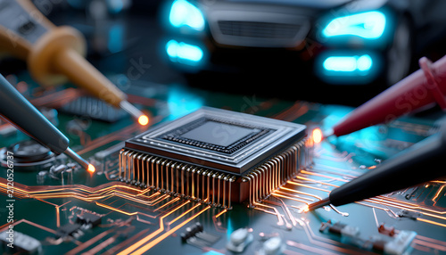 Close-up of an automotive semiconductor package on a printed circuit board, with copper traces, bonding wires, an EMI shield can, oscilloscope probes, and a glowing car dashboard module