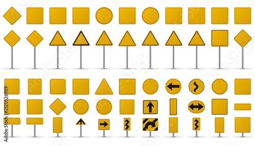 Minimalist yellow road sign vector kit on white background.