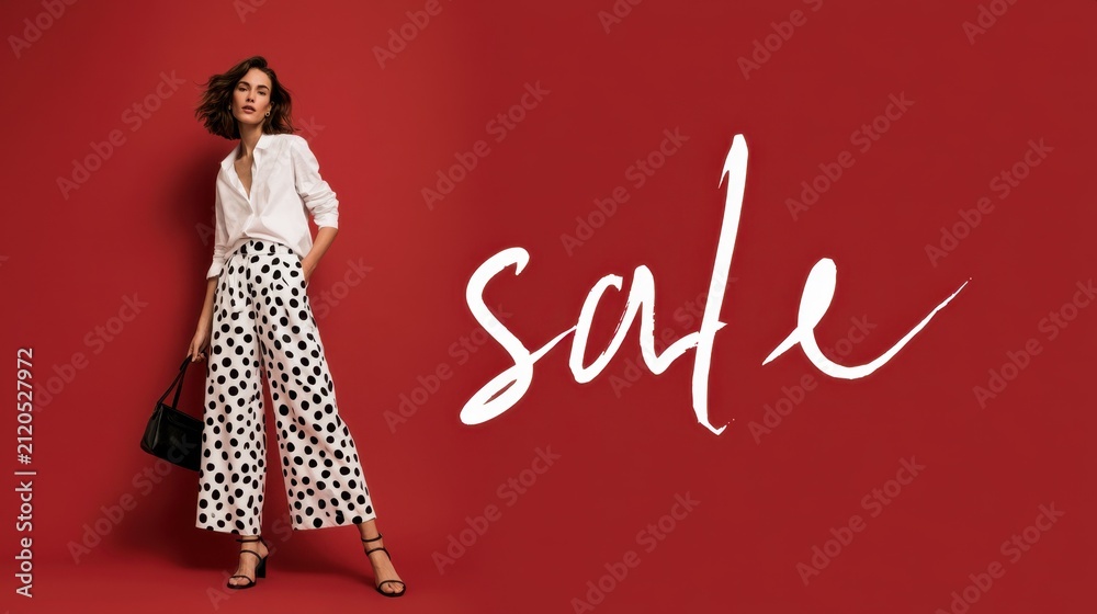 Fototapeta premium Stylish woman in polka dot wide leg pants posing beside a large sale message on red