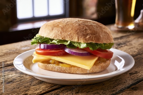 Traditional British cheese ploughman’s sandwich with cheddar, tomato, onion and lettuce on a rustic table