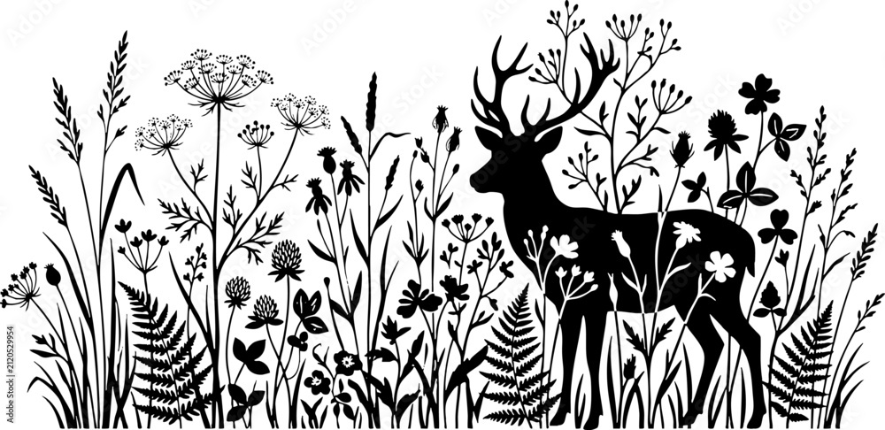 Obraz premium Deer silhouette in wildflower meadow black and white illustration