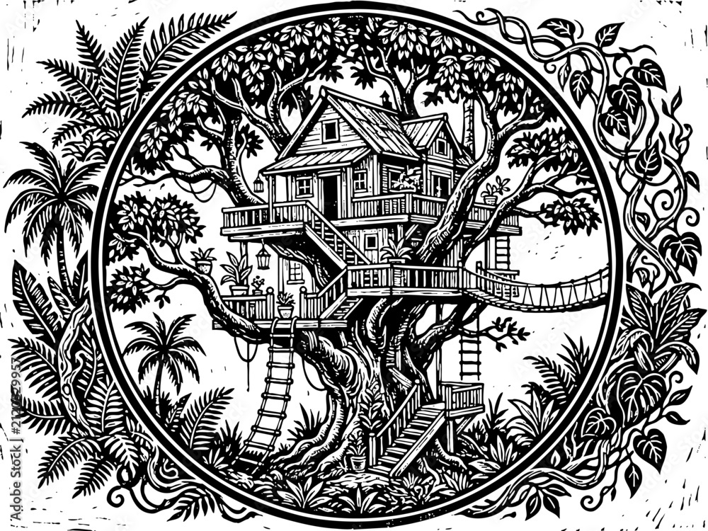Naklejka premium Vintage Woodcut Illustration of a Detailed Tropical Treehouse