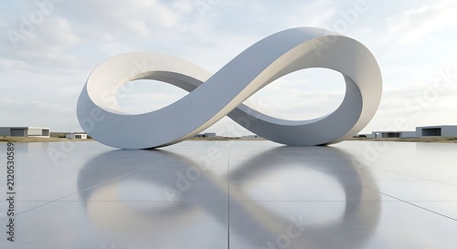 Monumental White Infinity Loop Sculpture in Minimalist Plaza | Futuristic Abstract Architectural Landmark