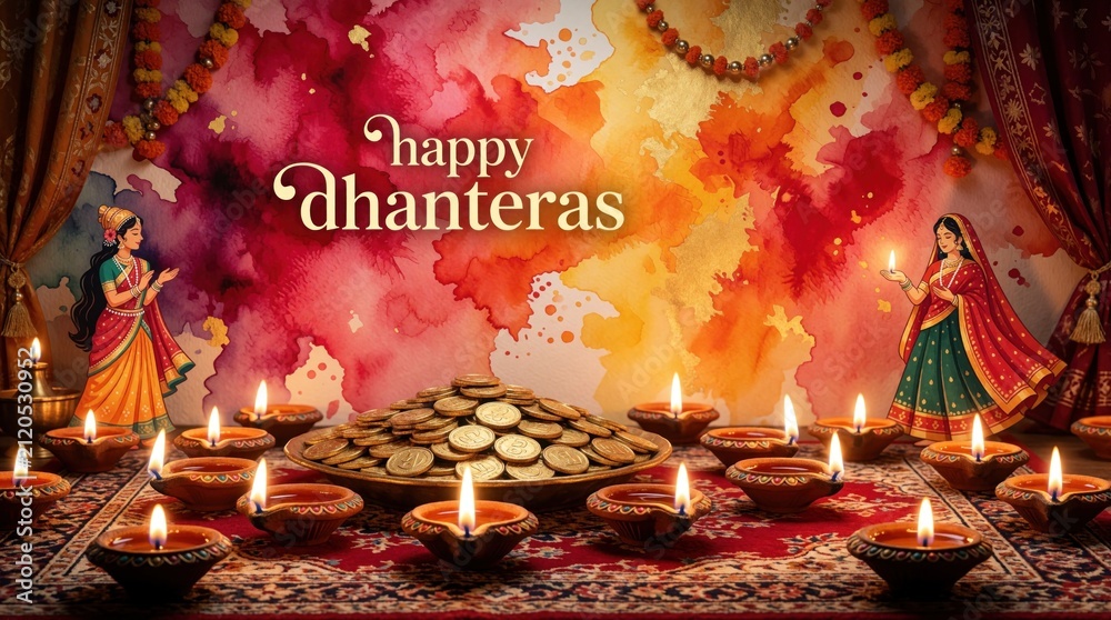 Obraz premium Diwali festival celebrates Dhanteras with lit diyas symbolizing prosperity. Coins pile high near women in traditional attire honoring wealth and fortune.