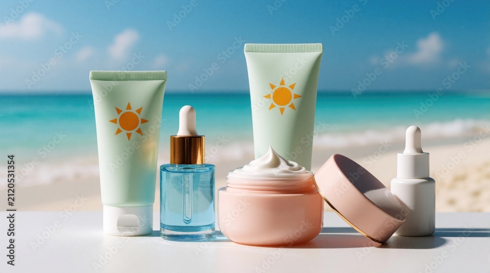 Fototapeta Luxury summer skincare products arranged on a white surface with ocean background. Sunscreen lotion serum and cream offer sun protection. Beauty collection for beach vacation.