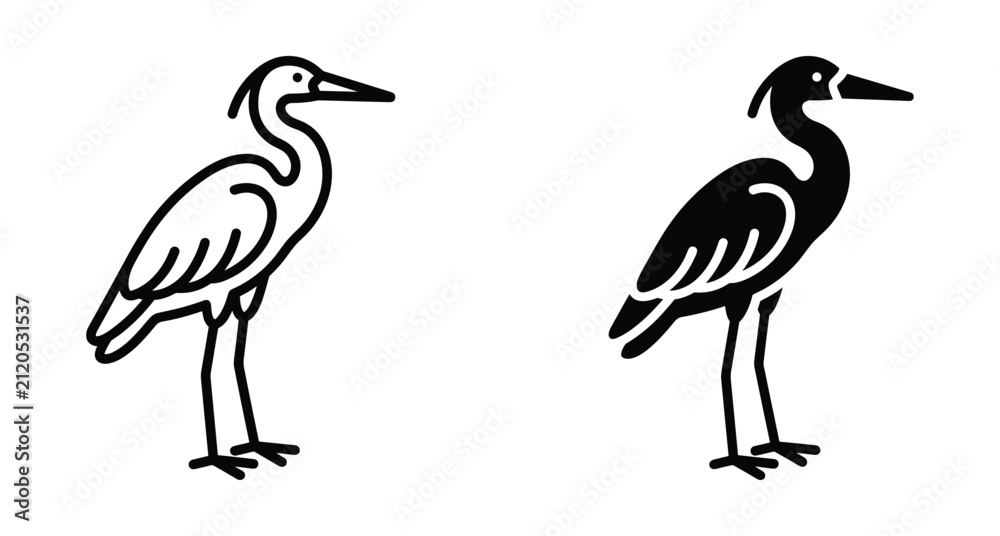 Naklejka premium Heron bird icon set featuring outline and solid silhouette designs of a standing crane for nature and wildlife graphic projects