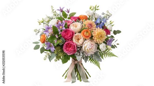 Flower Bouquet with Vibrant Blooming Garden Flowers PNG Isolated on Transparent Background