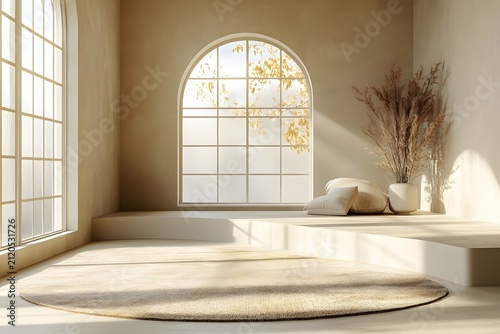 Elegant beige interior room with arched windows and a minimalist decor with soft warm sunlight.
