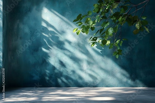 Empty room with textured blue wall and natural sunlight shadows from tree leaves on the floor