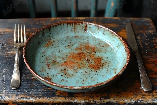 Empty rustic ceramic plate with vintage silverware on a weathered dark wooden table surface