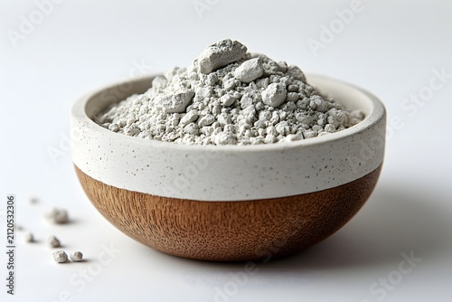 Rustic wooden bowl filled with fine white clay powder for natural skincare and spa treatment.