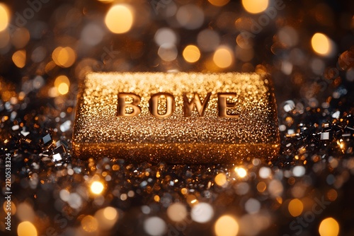 Shiny gold bar with the word bowe engraved on it surrounded by sparkling festive bokeh lights