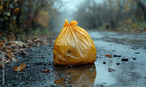 Single yellow plastic waste bag sitting on a wet rainy road in a gloomy forest environment