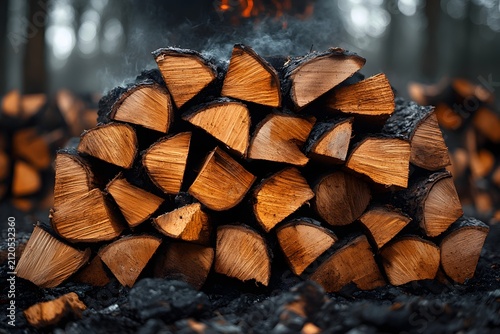 Stack of chopped firewood logs with smoke rising in a dark forest setting for winter warmth