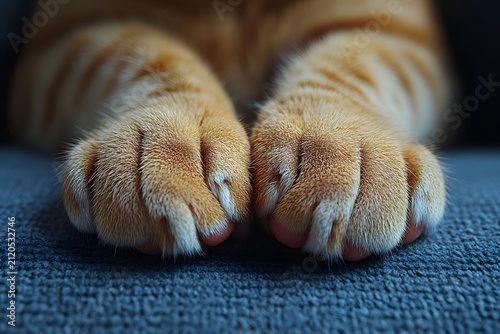 Close up of cute orange tabby cat paws resting on a soft blue fabric surface at home indoors