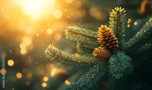 Close up of pine tree branches with pinecones and golden bokeh lights in the festive forest