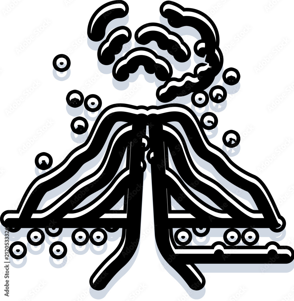 Fototapeta premium Volcano icon erupting with thick smoke clouds and hot lava flowing down its slopes, representing geological activity, natural disasters, risk, and dangerous power
