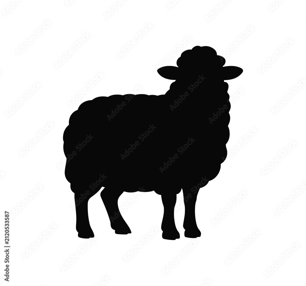 Obraz premium Silhouette of a Sheep. A striking black silhouette of a sheep stands with its head held high, showcasing its woolly fleece and distinctive profile against a clean background.