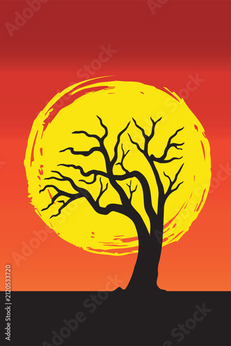 Bare Tree Silhouette at Sunset with Golden Sun and Red Sky Vector Illustration