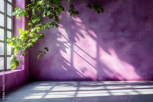 Empty room with vibrant purple textured wall and green plant leaves casting shadows by window