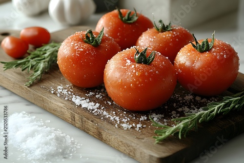 Fresh red tomatoes with sea salt and rosemary on a rustic wooden cutting board for cooking.