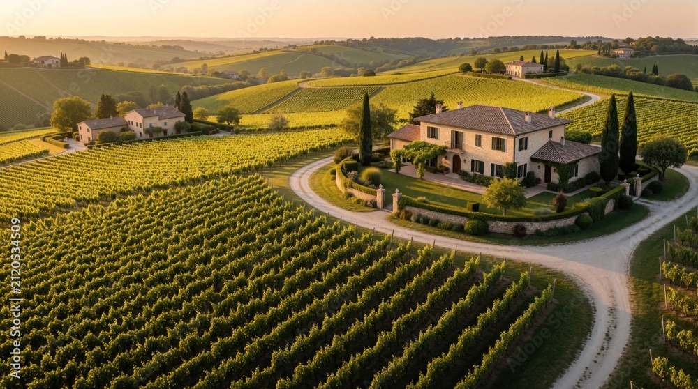 Obraz premium Aerial view of green vineyard rows at sunset with stone villa house in countryside. Rural farmland landscape features rolling hills, trees during warm golden hour light. Travel destination for wine