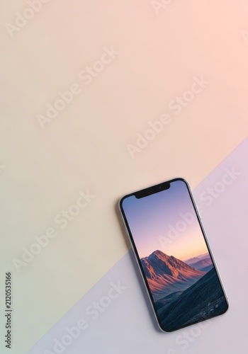 Smartphone with the image of the mountains on the screen on a white background.