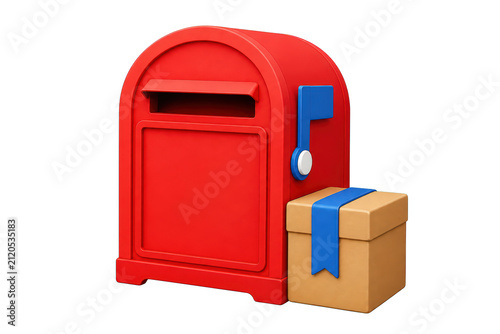 Red mailbox with parcel and blue ribbon
