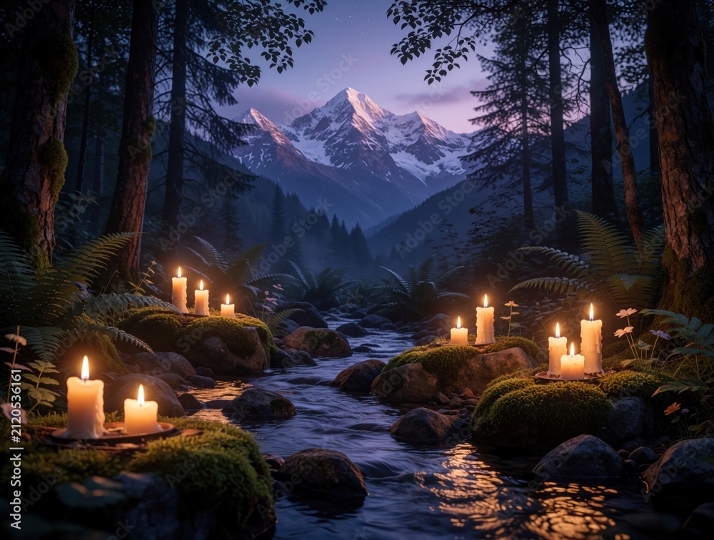 Fototapeta premium Burning candles glow on mossy rocks near cold mountain stream in forest at dusk. Warm flame light illuminates dark trees, river water during twilight. Snowy mountain peak rises in distance. Magical