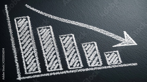 White chalk drawing of downward bar graph showing business decline. Economic chart with arrow indicates financial loss recession risk on black board surface. Market analysis negative profit trend,