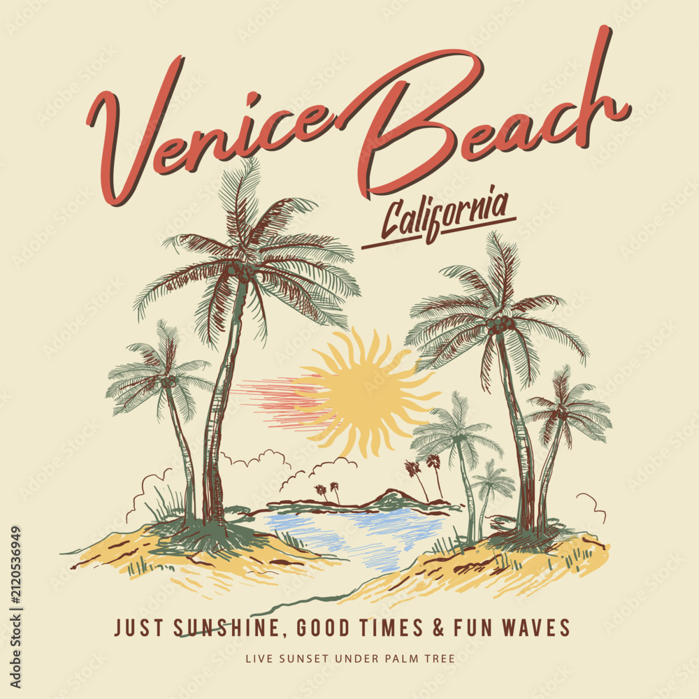 Obraz premium Venice Beach Typography in California Slogan With Hand drawing palm tree Beach Illustration. Summer Vector Graphics. Tropical Print Design. Men's women's with kid's fashion Design. 