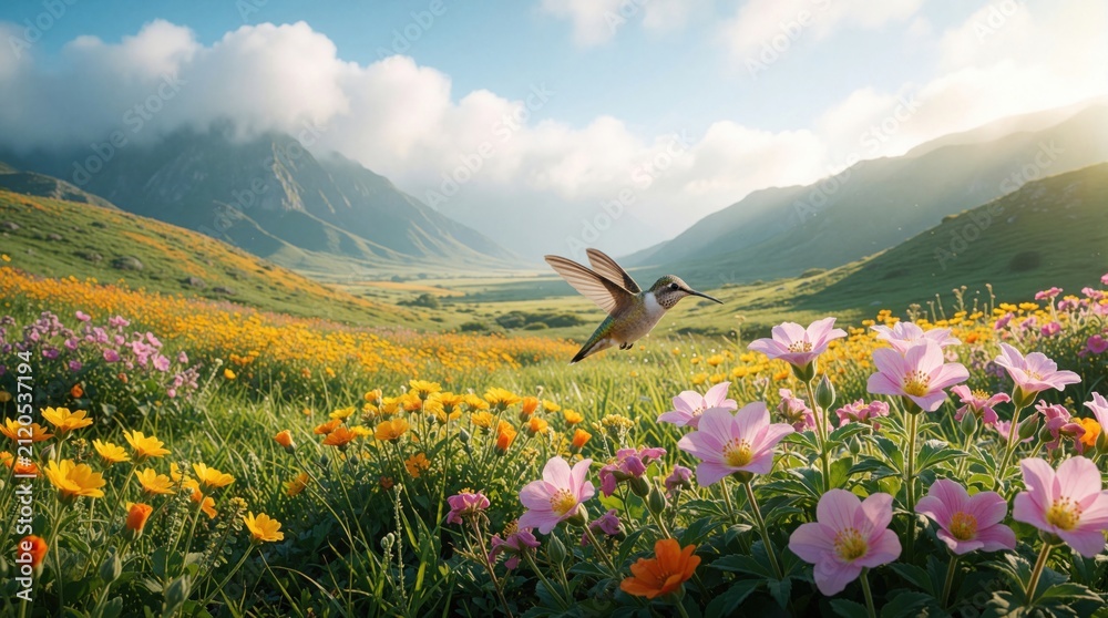 Fototapeta premium Small hummingbird hovers over vibrant field of colorful spring flowers. Green valley stretches towards distant misty mountains under sunny blue sky with fluffy white clouds. Tiny bird flies above