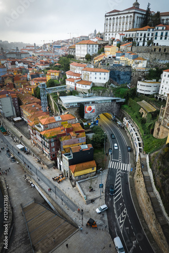 Принти на полотні High angle view of Porto old town, Cathedral, and Ribeira hillside street in Por