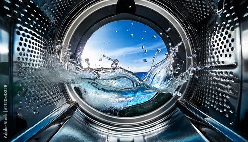 dynamic water splash inside a modern washing machine drum showcasing cleaning power and efficiency
