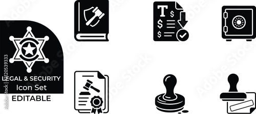 Legal and security icon set editable vector illustration for justice system and protection.