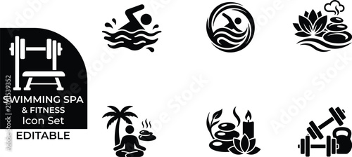 Swimming spa and fitness icon set editable for wellness and leisure.