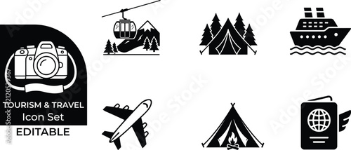 Tourism and travel icon set editable vector illustration for vacation planning and adventure.