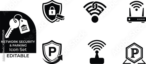 Network security and parking icon set editable for safety and access.