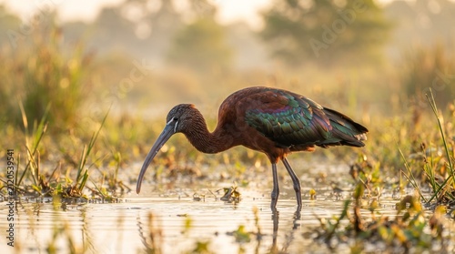 Glossy Ibis (Plegadis falcinellus) Foraging in a Wetland – Elegant Wading Bird with Iridescent Plumage