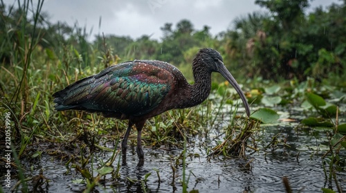 Glossy Ibis (Plegadis falcinellus) Foraging in a Wetland – Elegant Wading Bird with Iridescent Plumage