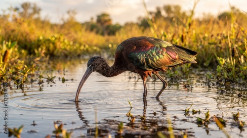 Glossy Ibis (Plegadis falcinellus) Foraging in a Wetland – Elegant Wading Bird with Iridescent Plumage