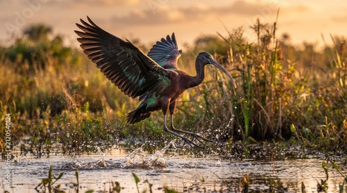 Glossy Ibis (Plegadis falcinellus) Foraging in a Wetland – Elegant Wading Bird with Iridescent Plumage