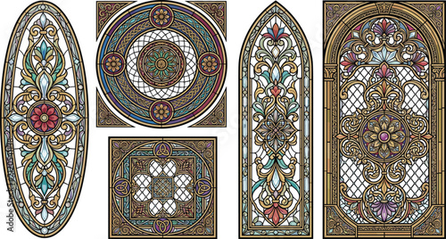 Set of ornate stained glass window vector illustrations